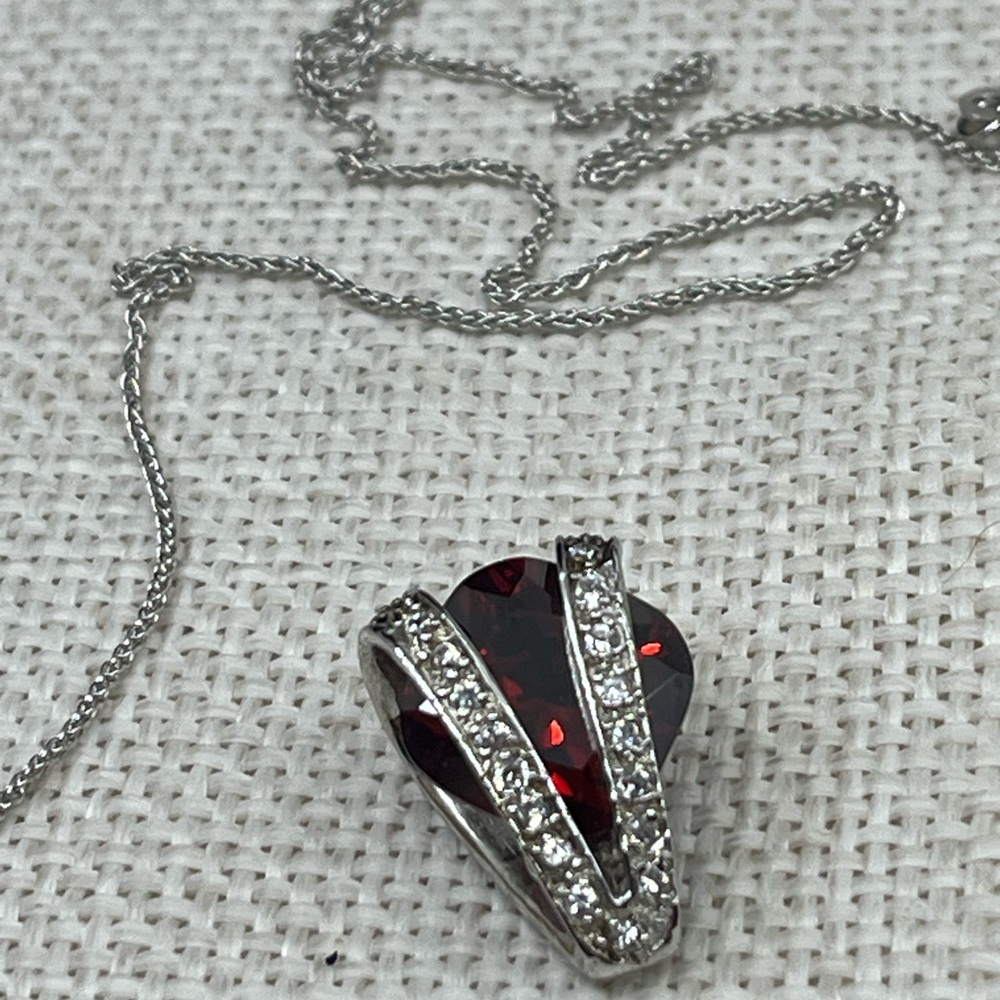 14K White Gold Chain w/ Sterling Silver Garnet Heart Pendant – 18" - Picture 3 of 16